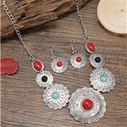 (silvery +color )occidental style fashion retro turquoise necklace Round flowers necklace earrings set