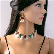 (E5863 4/ red)occidental style retro exaggerating diamond set  luxurious necklace Round Pearl tassel earrings woman