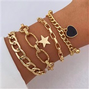 (KCgold  9 38)occidental style black love star four set personality brief multilayer gold hollow chain bracelet