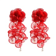 ( red)summer flowers earrings occidental style exaggerating Earring woman Bohemia embed Pearl flowers tassel