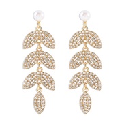 ( Gold)E fully-jewelled Pearl leaves earrings  elegant temperament fashion multilayer Leaf tassel ear stud