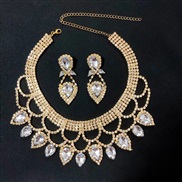 ( Gold) fashion lady occidental style exaggerating handmade color crystal necklace earrings set bride woman