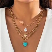 ( GoldSuit  4385)occidental style  retro Nation imitate Pearl necklace woman  fashion heart-shaped turquoise chain