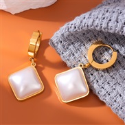 fashion concise square Pearl titanium steel temperament lady buckle earring
