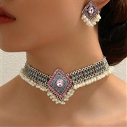 1 fashion retro rhombus diamond exaggerating necklace earring set
