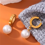 fashion concise Round Pearl titanium steel temperament lady buckle earring
