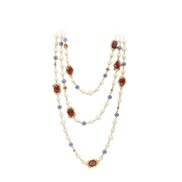 ( red)occidental style necklace retro Double layer Pearl handmade glass gem woman long necklace sweater chain samll wind