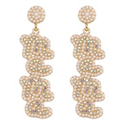 ( rice white) personality wind Alloy earrings   ins wind Word beads diamond all-Purpose earring
