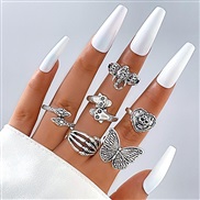 (253 2 silver)occidental style punk black butterfly skull hollow ring more personality trend set