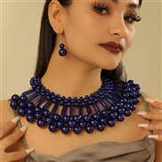 ( blue)imitate Pearl necklace chain samll shawl chain multilayer beads necklace earrings set