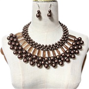 ( Brown)imitate Pearl necklace chain samll shawl chain multilayer beads necklace earrings set