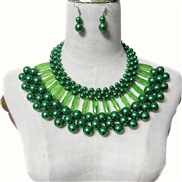 ( green)imitate Pearl necklace chain samll shawl chain multilayer beads necklace earrings set