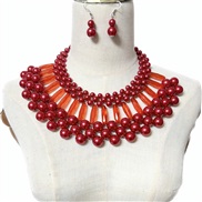 ( red)imitate Pearl necklace chain samll shawl chain multilayer beads necklace earrings set
