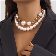 ( 1 Gold white4721)occidental style  creative punk wind beads Double layer necklacenecklace exaggerating Metal chain