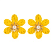 ( yellow)occidental style fashion handmade weave flowers earrings wind Alloy diamond Pearl flower ear stud Earring