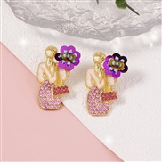(purple)fashion cartoon woman embed colorful diamond imitate Pearl temperament Earring Bohemia wind handmade flowers