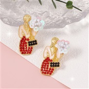 ( red)fashion cartoon woman embed colorful diamond imitate Pearl temperament Earring Bohemia wind handmade flowers