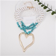 (blue  Gold) Bohemian style turquoise creative hollow big love imitate Pearl beads multilayer fashion all-Purpose chain