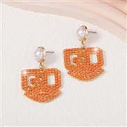 ( Orange)personality creative exaggerating embed Rhinestone WordO beads Earring   imitate Pearl all-Purpose brief earri