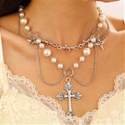 ( 2  anti silver A 343)occidental style  samll imitate Pearl tassel love cross butterfly all-Purpose necklace woman