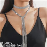 (JXJL21275  Tassels  White K)occidental style fashion exaggerating super long style Rhinestone multilayer necklace tass