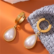 fashion concise Pearl drop titanium steel temperament lady buckle earring