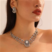 ( silver ) occidental style fashion retro flowers gem temperament necklace earring woman set