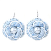(E 1734  blue) samll wind Pearl flower earrings  high-end handmade Cloth flowers Earring woman