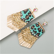 (blue green )exaggerating leopard leather earrings woman Alloy diamond sequin tassel Double layer temperament banquet E