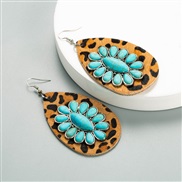 ( blue) retro leather earrings woman Alloy fitting embed turquoise personality high Earring