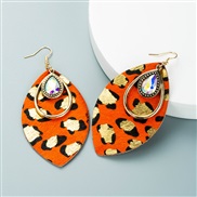 ( red)trend leopard long style leather earrings woman Alloy embed glass diamond exaggerating Earring