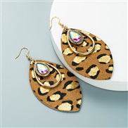 ( Brown)trend leopard long style leather earrings woman Alloy embed glass diamond exaggerating Earring