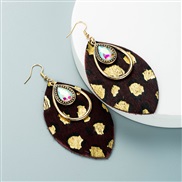 ( black)trend leopard long style leather earrings woman Alloy embed glass diamond exaggerating Earring