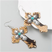 (Ligh )earrings occidental style trend leopard leather cross earrings Alloy embed turquoise exaggerating Earring