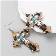 earrings occidental style trend leopard leather cross earrings Alloy embed turquoise exaggerating Earring