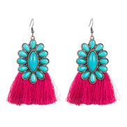 ( rose Red) Bohemian style earrings retro Alloy embed turquoise handmade tassel earrings