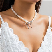 ( 2  White K+ white 6243)occidental styleow bow necklace sweetins wind imitate Pearl Metal Collar woman