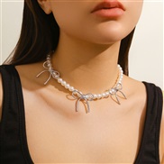 ( 3  White K+ white 6244)occidental styleow bow necklace sweetins wind imitate Pearl Metal Collar woman