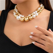 ( 2  Gold+ white 4815E2)occidental style punk exaggerating Metal beads necklace temperament short style imitate Pearl C