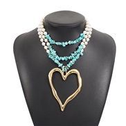 (blue +gold )occidental style samll retro multilayer big love beads chain  wind Pearl turquoise necklace