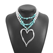 (blue + White K)occidental style samll retro multilayer big love beads chain  wind Pearl turquoise necklace