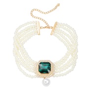 ( green)occidental style multilayer imitate Pearl necklace lady square glass diamond banquet pendant exaggerating bride