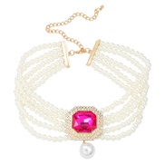 ( rose Red)occidental style multilayer imitate Pearl necklace lady square glass diamond banquet pendant exaggerating br