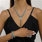 (green )retro geometry hollow love imitate turquoise tassel earrings bracelet necklace set woman  trend personality