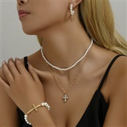 ( white)brief creative Pearl geometry cross earrings bracelet necklace set woman  trend personality Rhinestone
