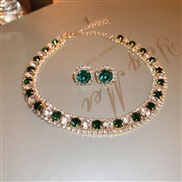 ( green Set in drill2 necklace) retro diamond Round ear stud chain samll high temperament clavicle necklace woman