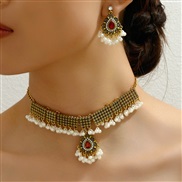 occidental style fashion retro concise Metal retro drop Pearl two necklace earrings set