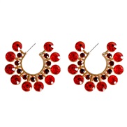 ( red) occidental style personality exaggerating super geometry half Word Alloy diamond woman earrings high