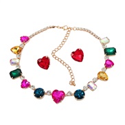 ( Color)occidental style earrings necklace set woman heart-shaped glass diamond exaggeratingnecklace