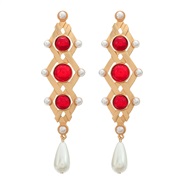 ( red)medium earrings occidental style retro Earring woman geometry Alloy resin Pearl long style exaggerating